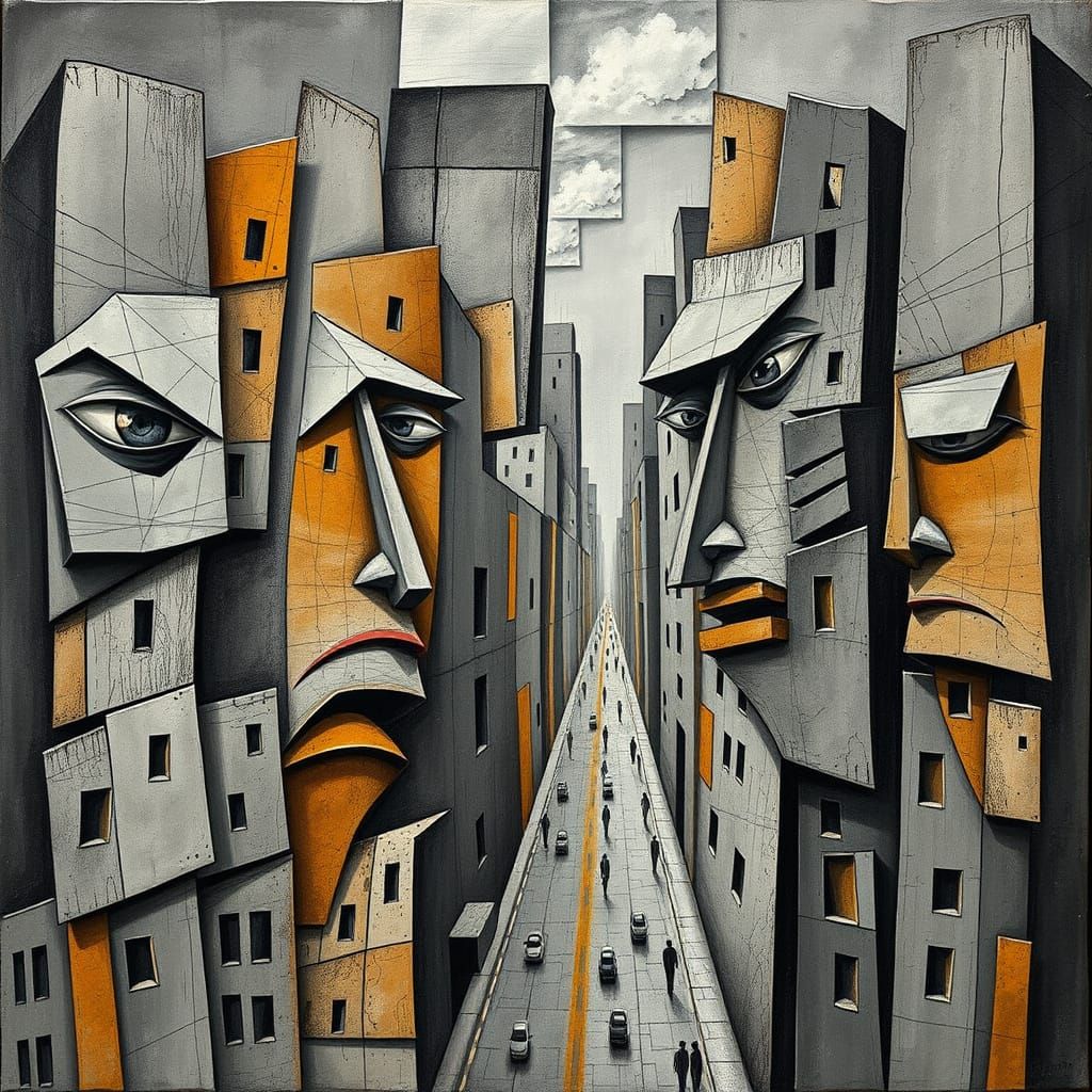 Distorted Picasso Faces in Surreal Cityscape