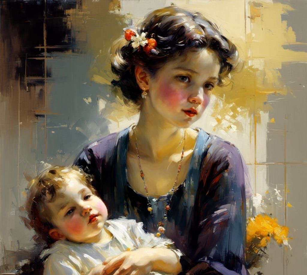 A Heartwarming Mother-Son Moment in a Whimsical Style