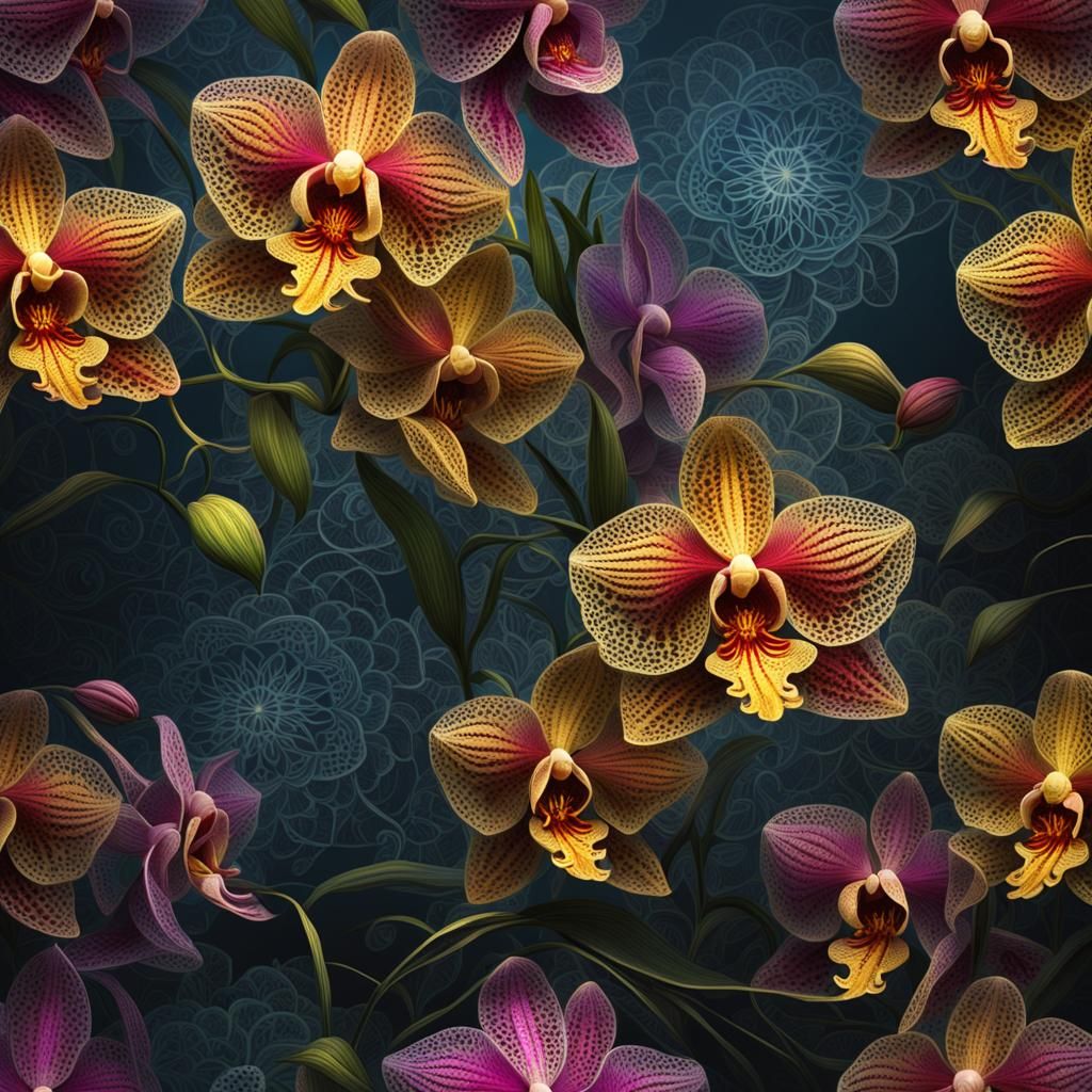 Colorful Lace Orchids in Digital Painting Style