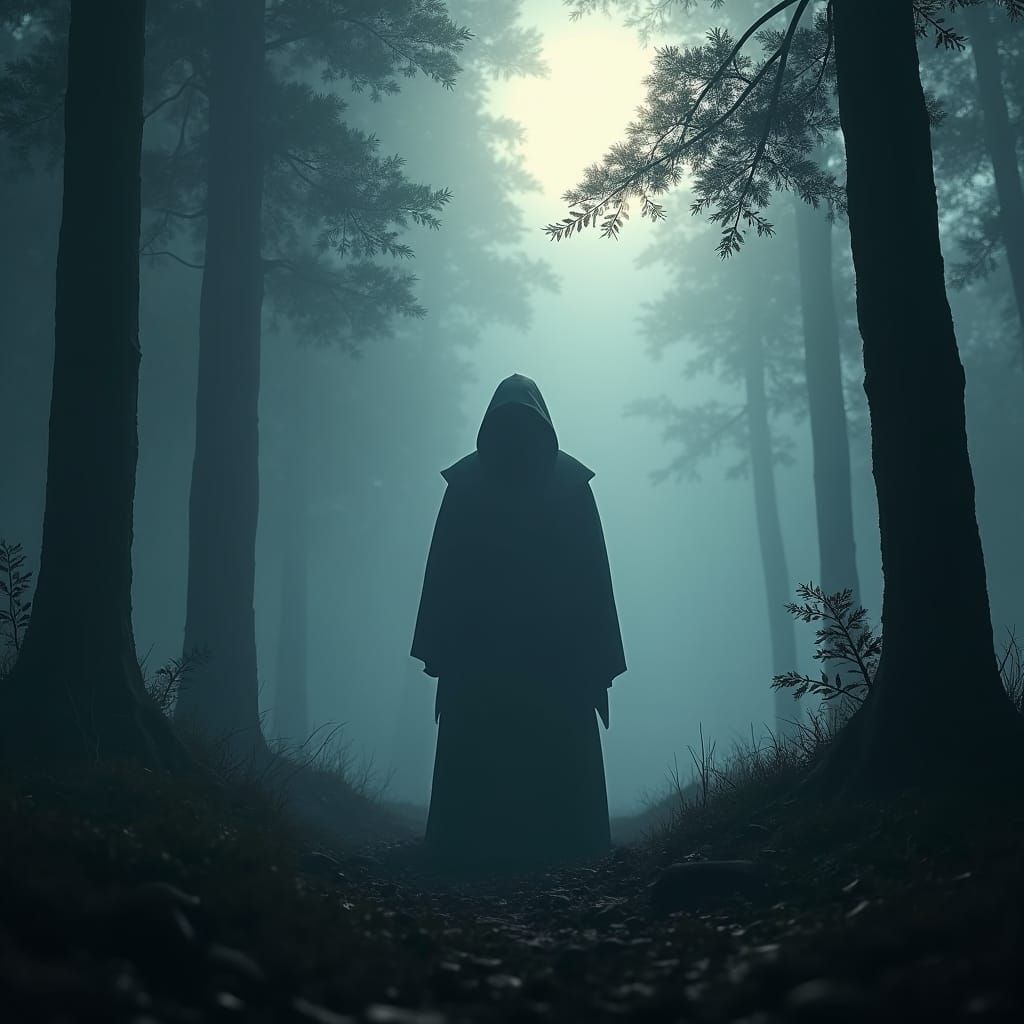 Mysterious Figure in Moonlit Forest: Matte Painting