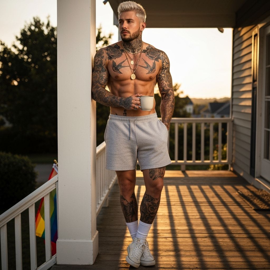 Muscular Man with Tattoos on Suburban Porch at Sunrise