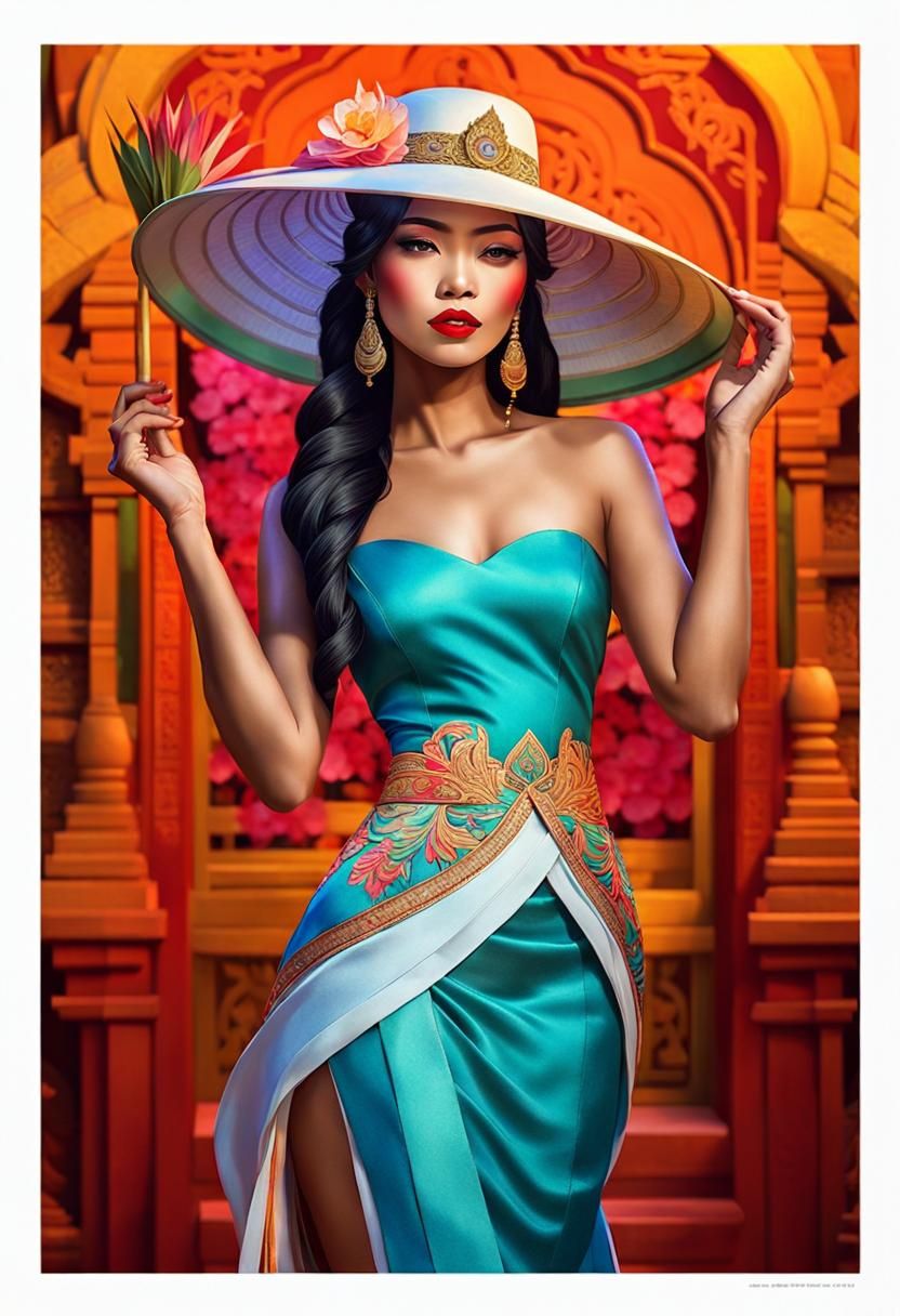 Khmer Girl in Temple Garden, Art Nouveau Portrait