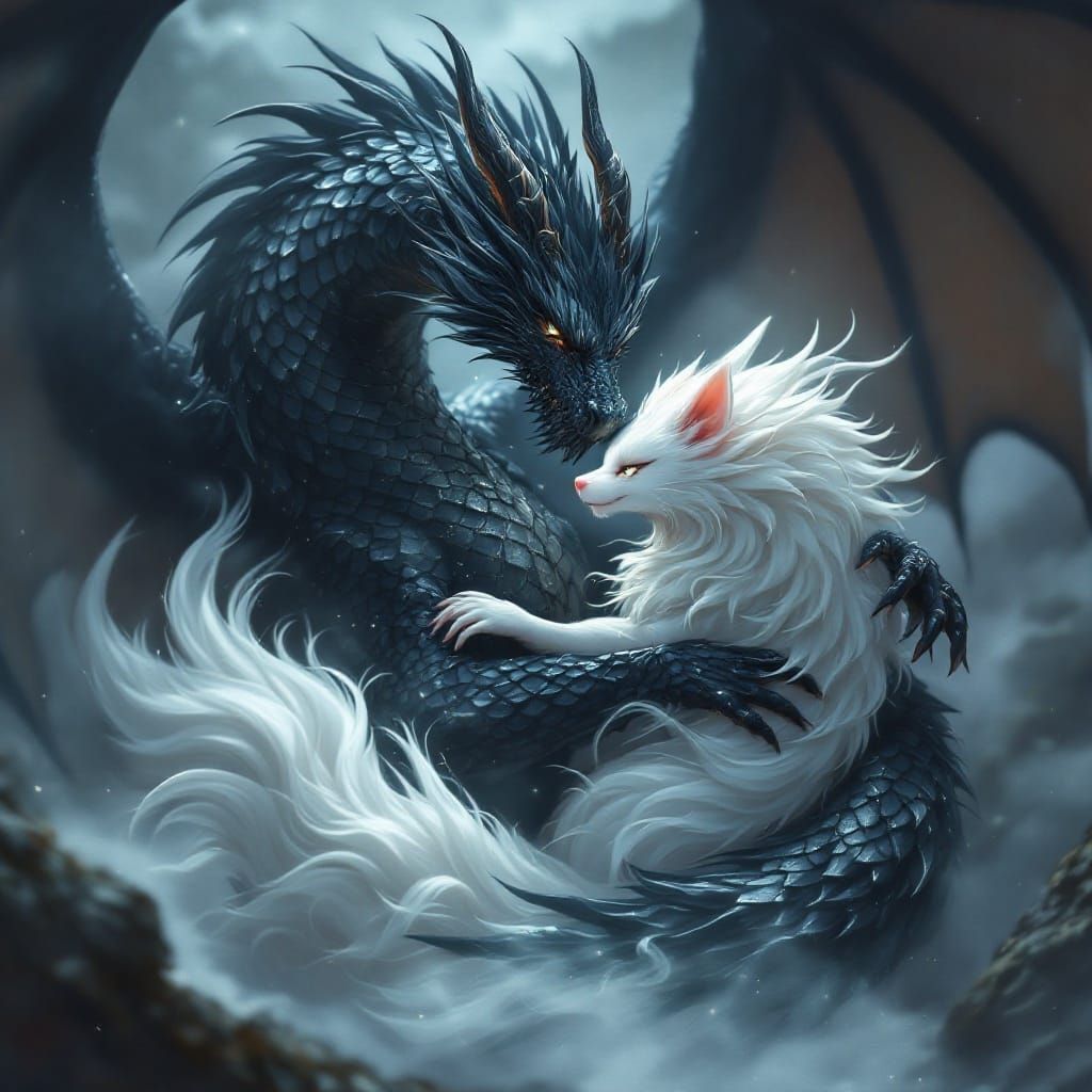 Majestic Black Dragon Safeguards Mystical White Kitsune