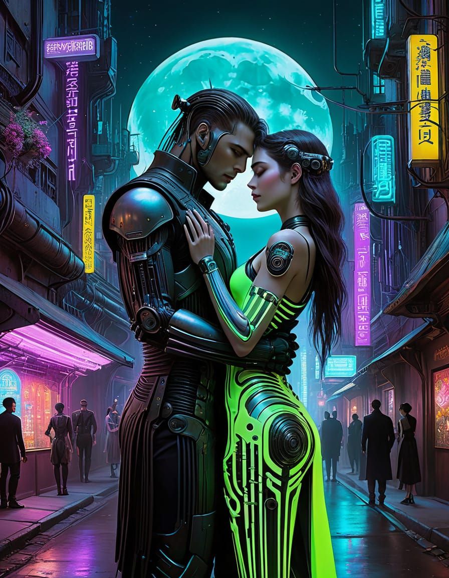 Cyberpunk Cityscape with Two Cyborg Lovers