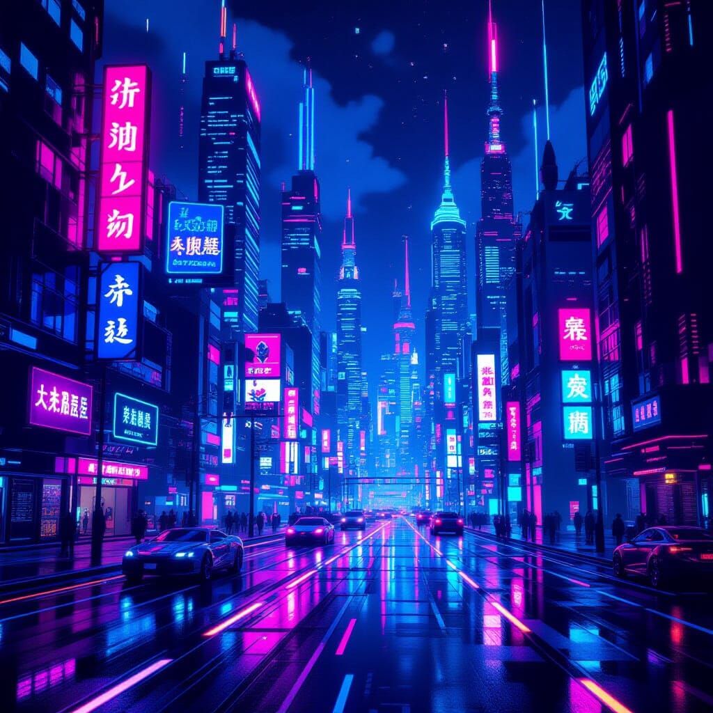 Cyberpunk Cityscape with Neon Lights and Sharp Lines
