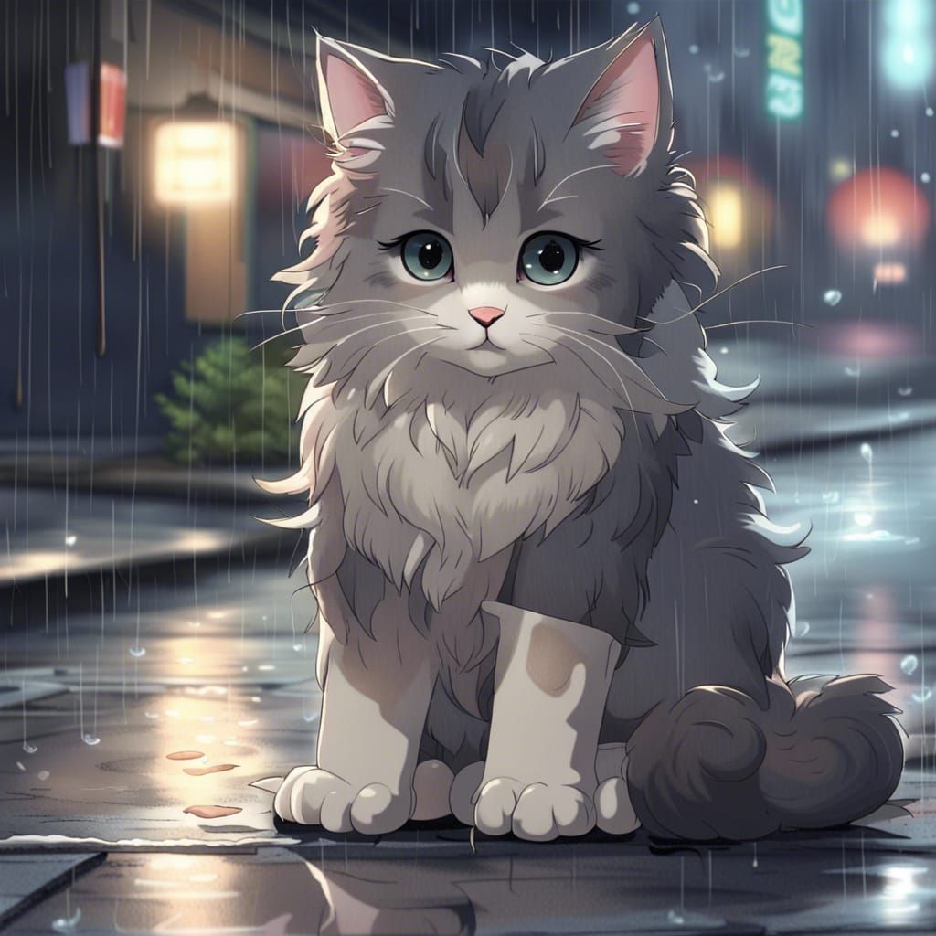 Fluffy Kitten Begging for Hearts in Anime Style