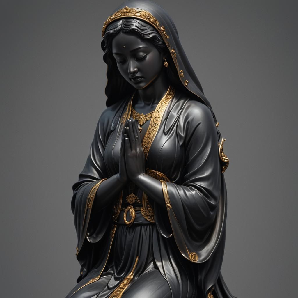 Obsidian Statue of Praying Woman: Hyperrealistic Minimalism