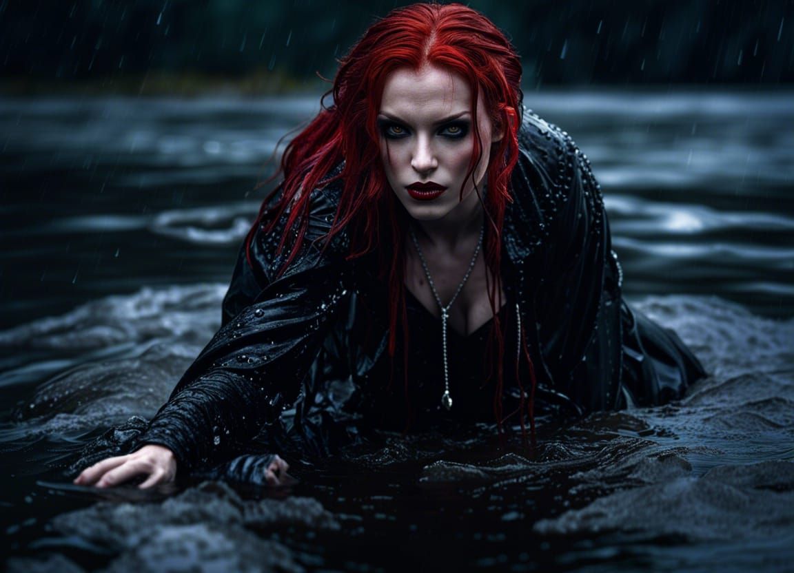 Redhead Vampire Emerges from Lake on Rainy Night