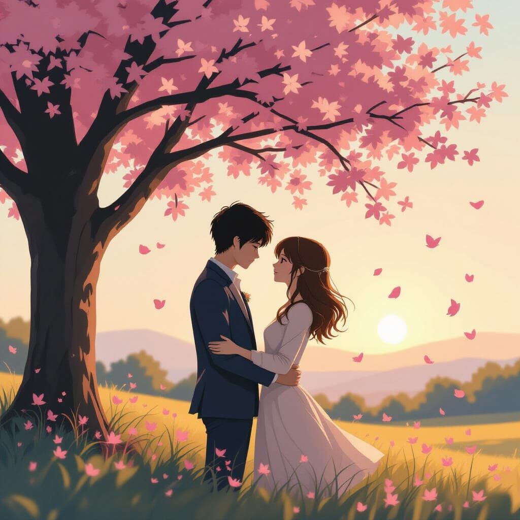 Lovers Silhouetted Under Blossoms in Warm Light
