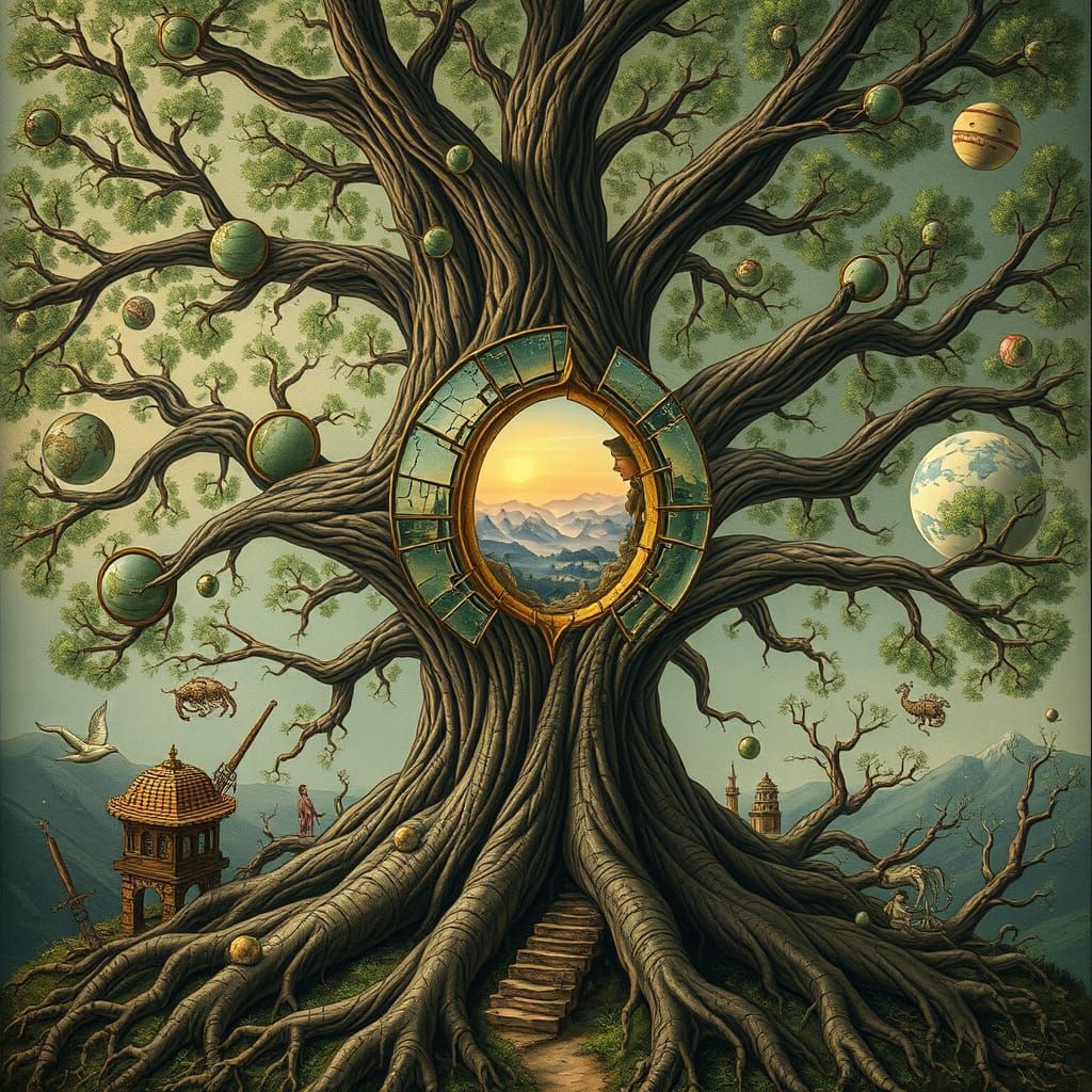 Portal Tree in a Labyrinth of Realistic Fantastical Landscap...