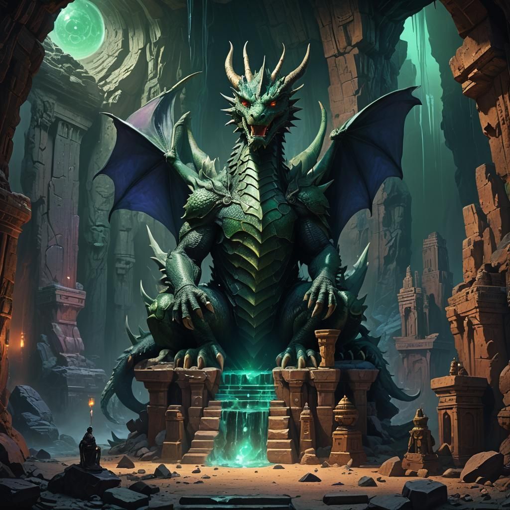 Dragon King on Throne in Dark Cavern