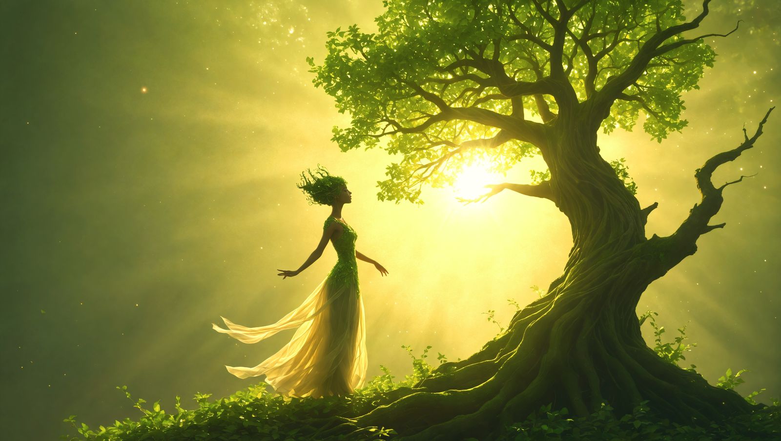 Tree Sprite of Verdant Dawn in Whimsical Fantasy Style