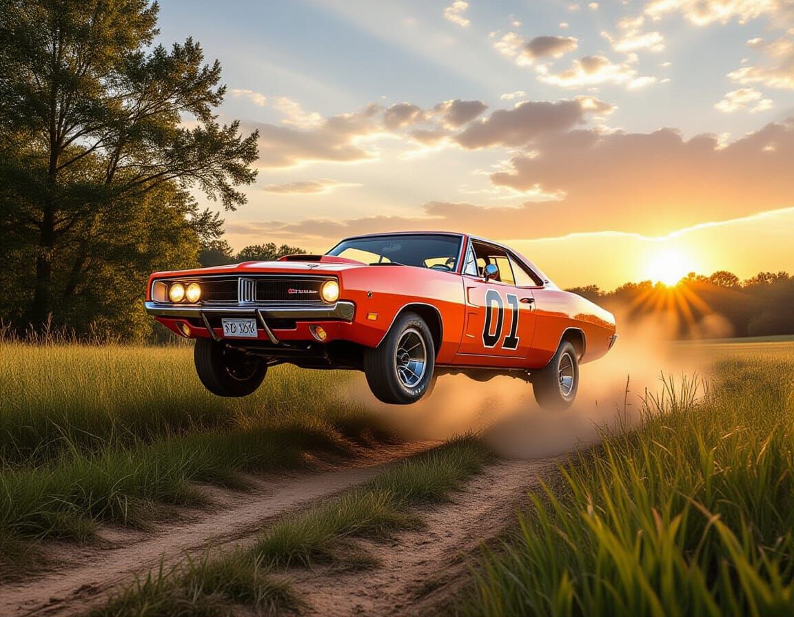 General Lee Charger Leaping Ravine at Sunset