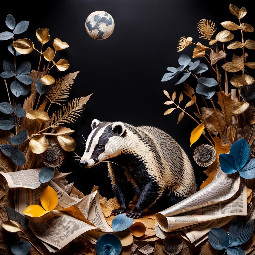 Hyperrealistic Collage of a Badger in a Meadow