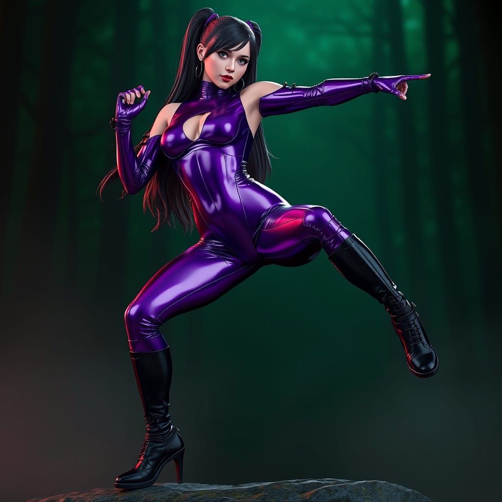 Girl in Cyberpunk Latex and Leather, Against a Mysterious Fo...