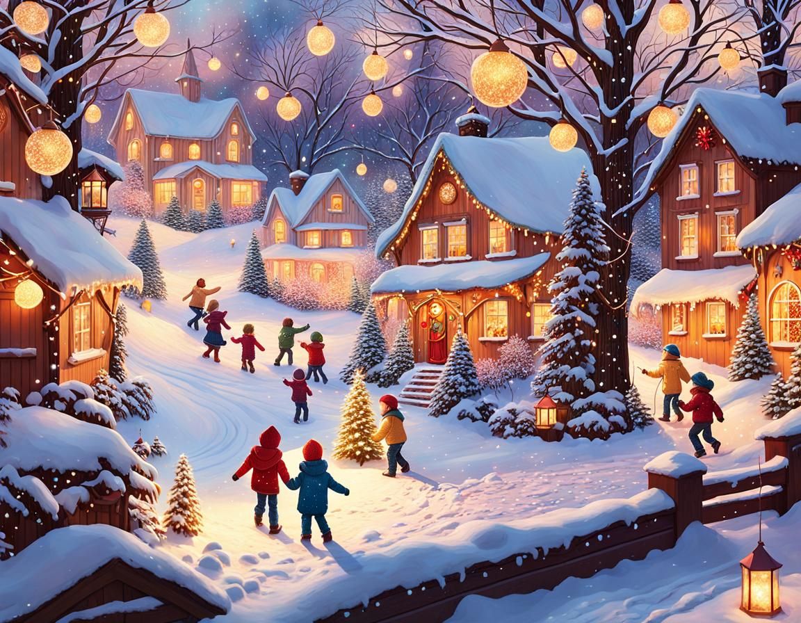 Children Playing in Snow: Whimsical Pointillist Art