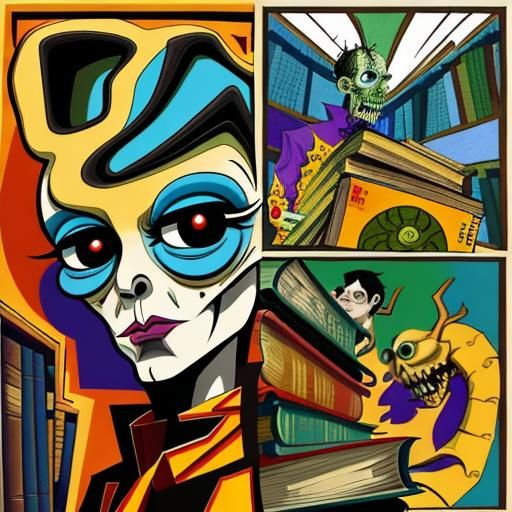 Creepy Zombie Librarian in Art Brut Style