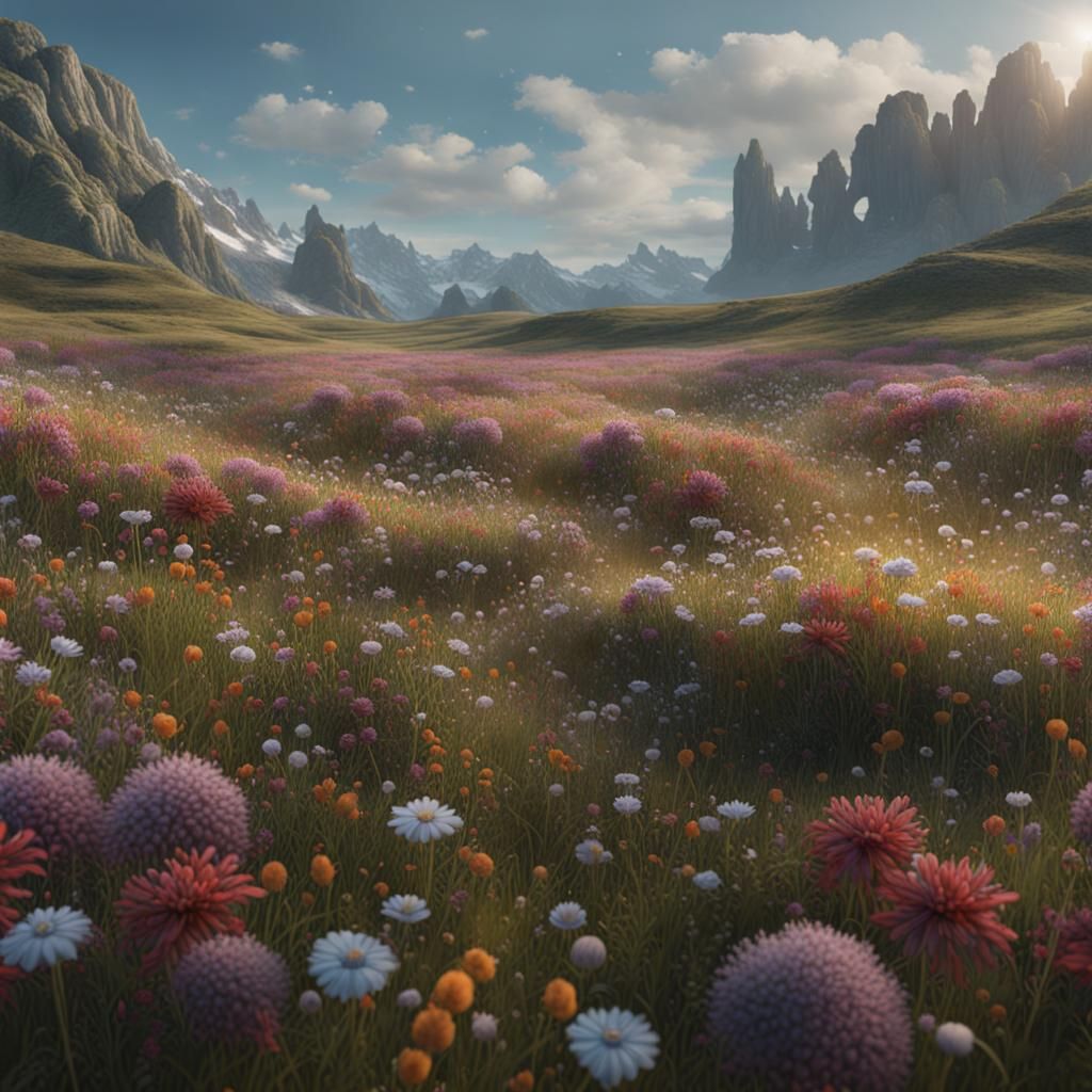 Vast Wildflower Field in Detailed Digital Painting