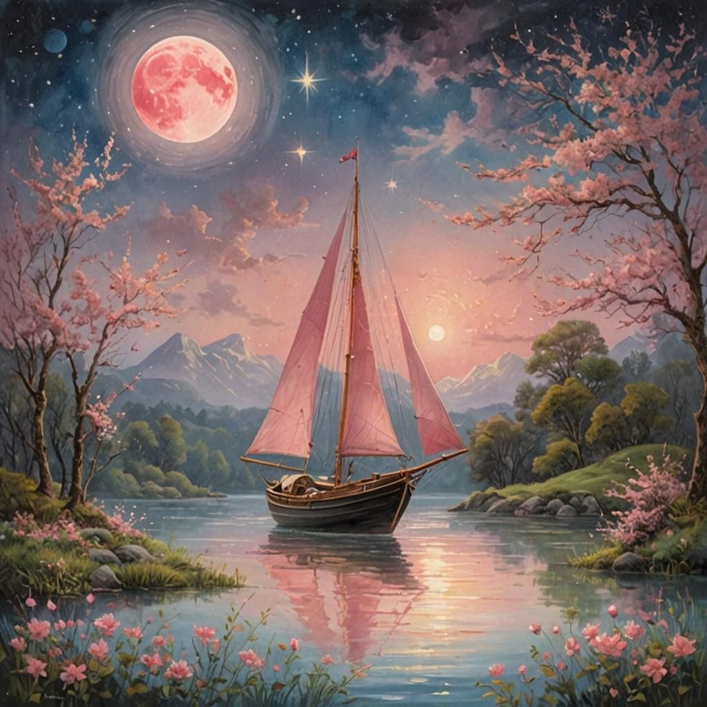 Pink Boat Sails Calm Waters Under Starry Sky