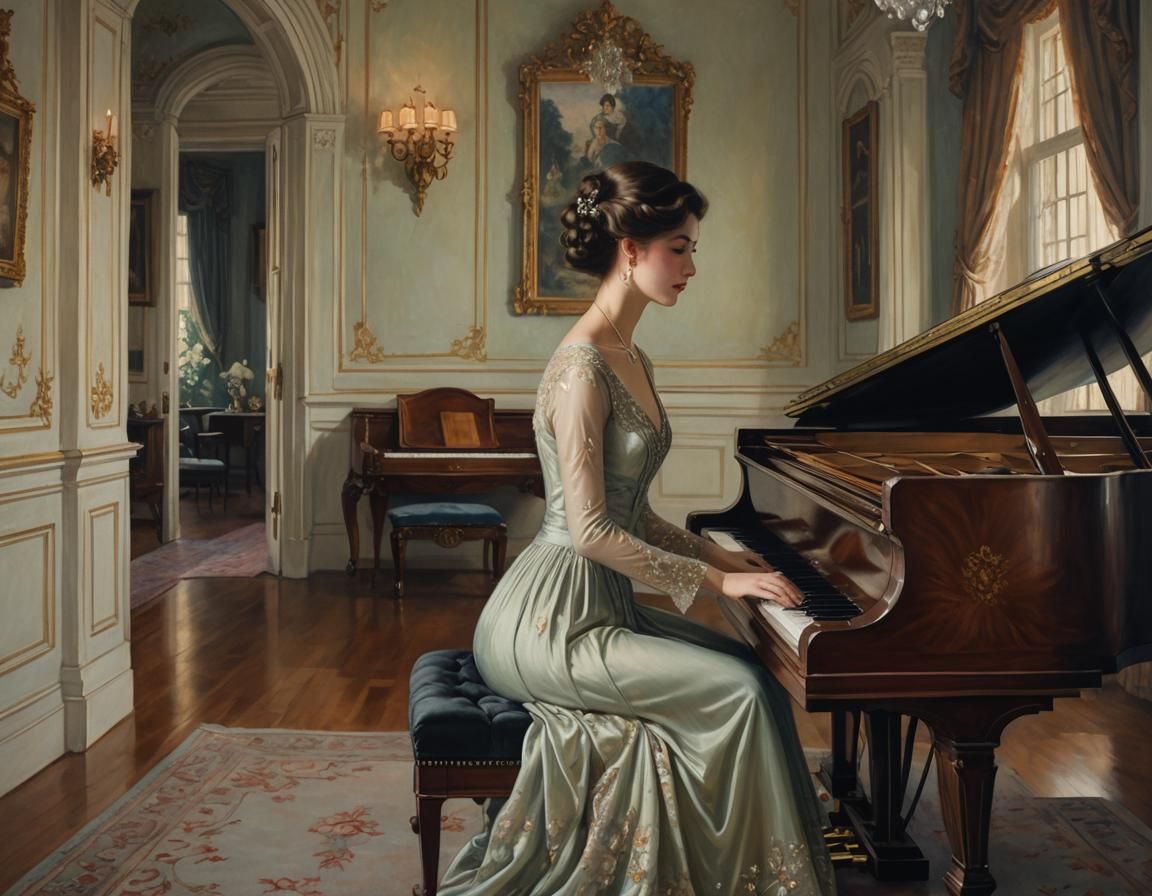 Passionate Pianist in Luxurious Room, Oil Painting