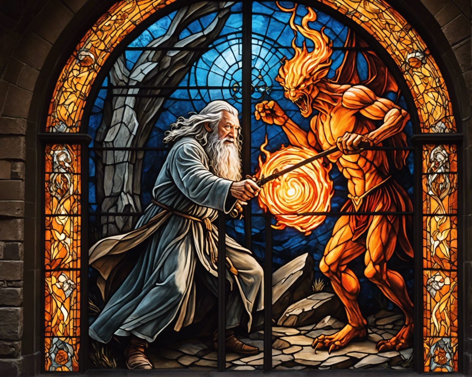 Gandalf vs Balrog Stained Glass Art