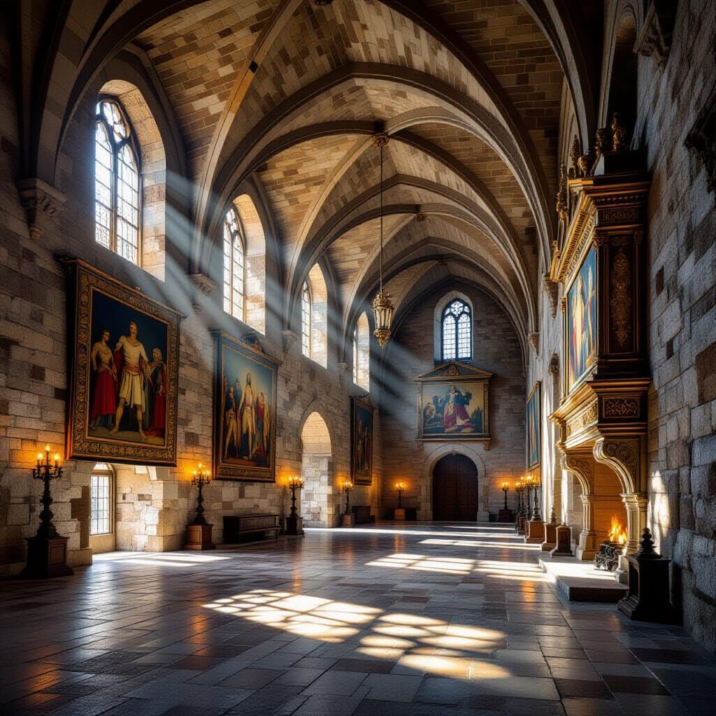 Grand Medieval Castle Hall Interior with Ornate Fireplace