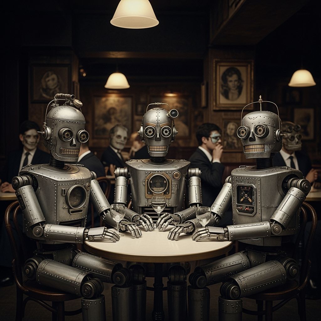 Vintage Robots in Parisian Bar, Photojournalism Style