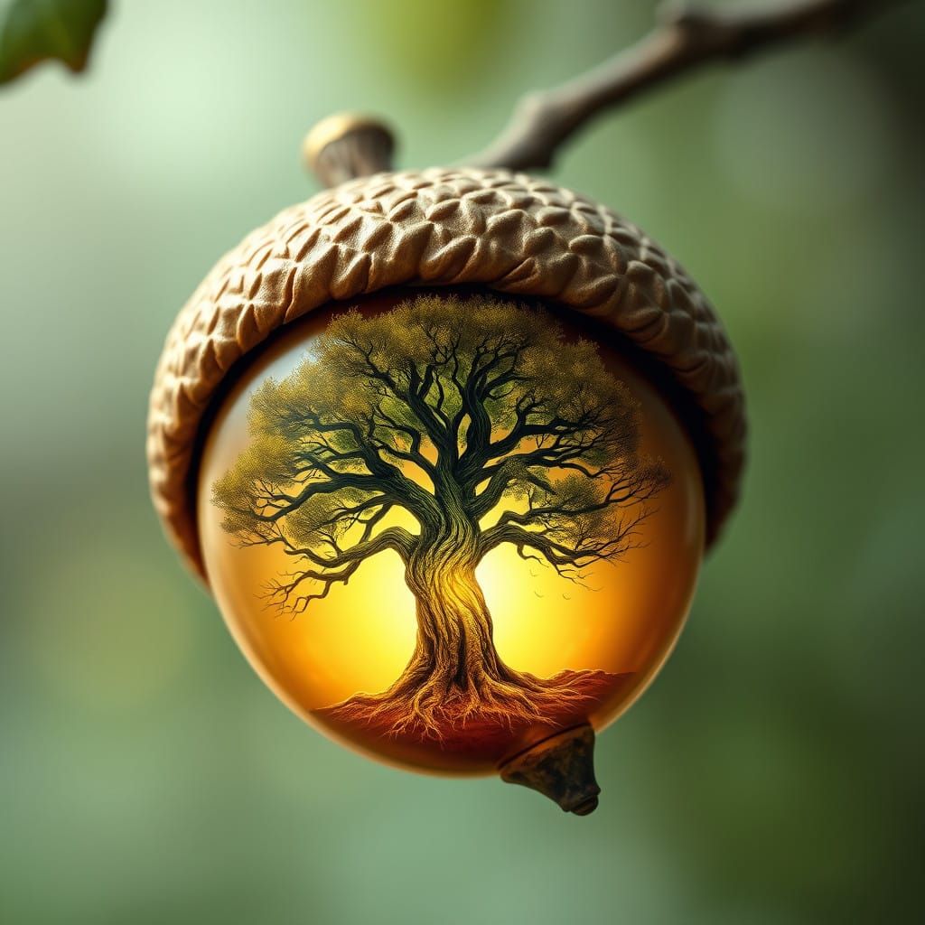 Acorn with Oak Tree in Surreal Double Exposure