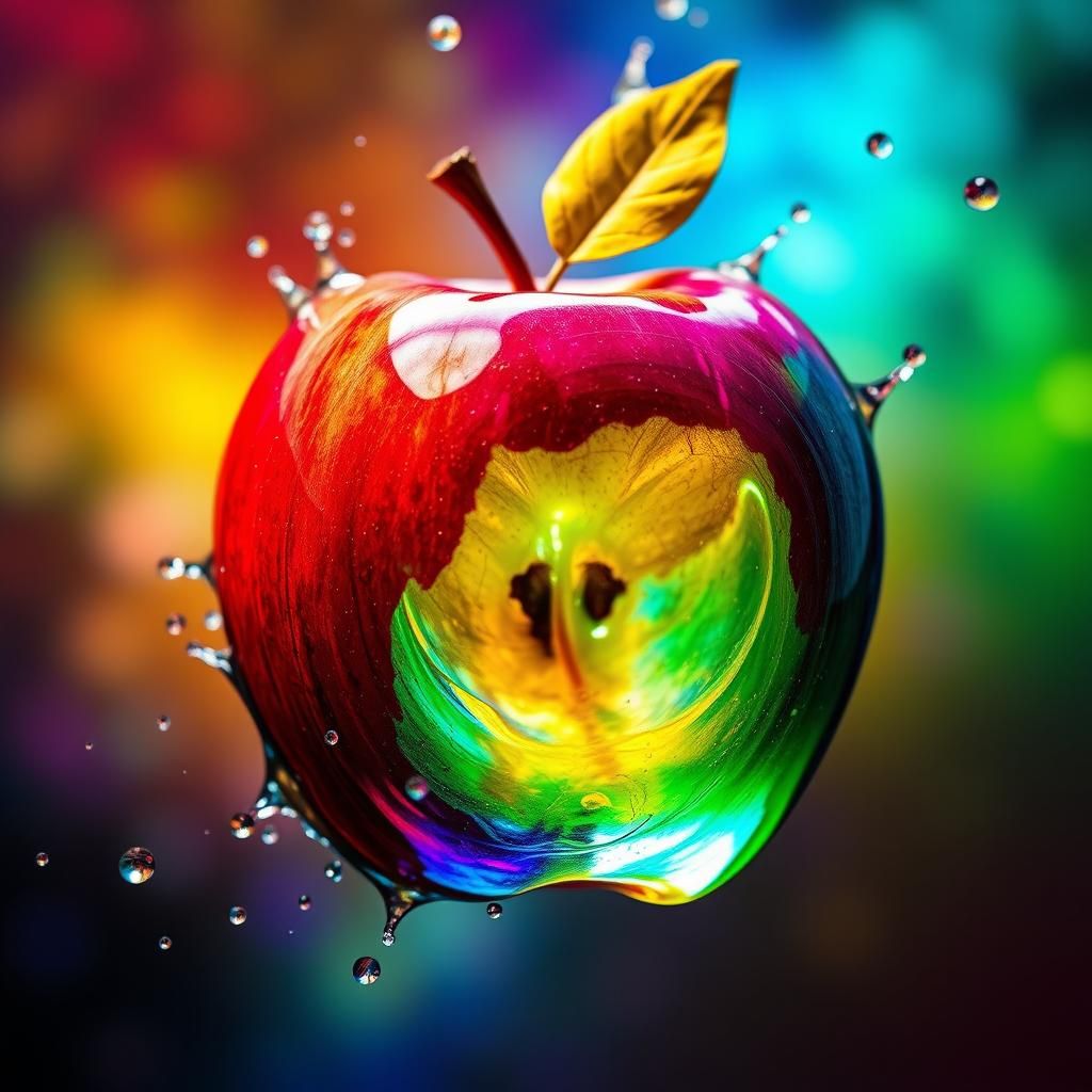 Vibrant Transparent Apple in Hyperrealistic Splash Art
