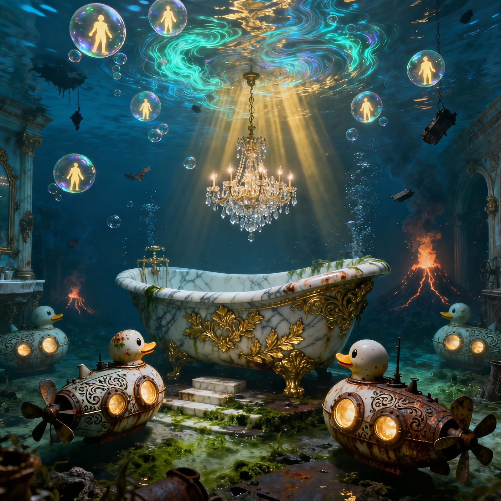 Opulent Underwater Bathtub Lair With Submarine Rubber Ducks