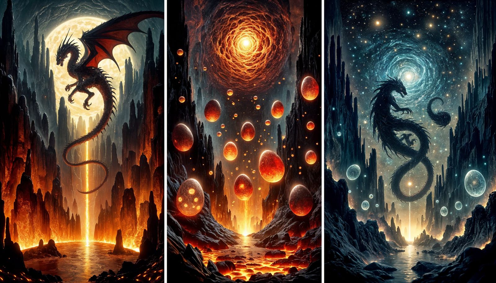 Dragon Eggs Triptych in Art Nouveau Style