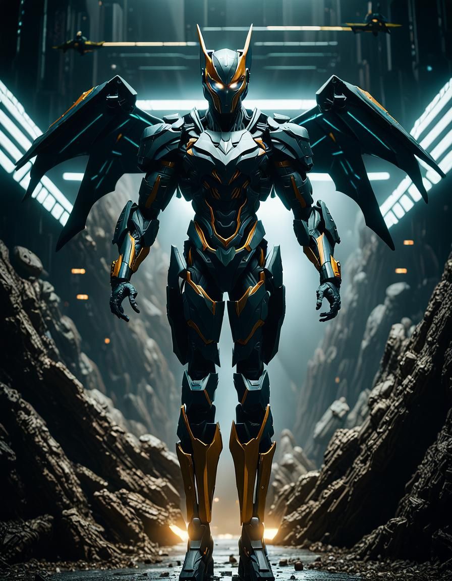 Batgirl, full body portrait, zone of Enders, metal wings, cinematic, 8K, UHD, photorealistic, HDR, realistic render