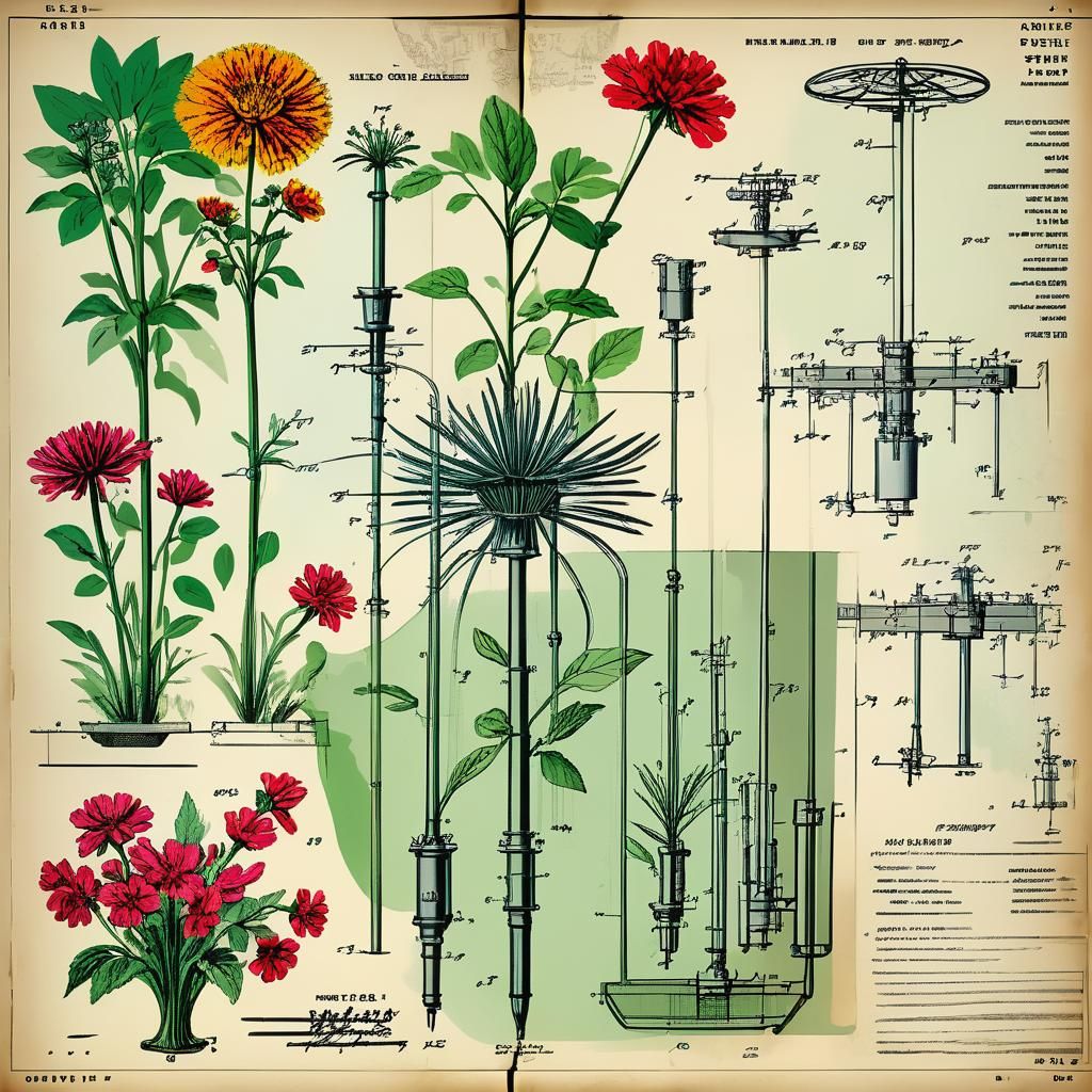 Colorful Garden in Patent Drawing Schematic Style