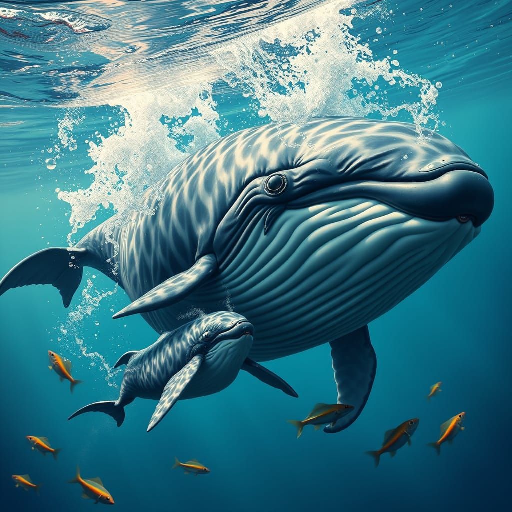 Whales Diving: Hyperrealistic Splash Art