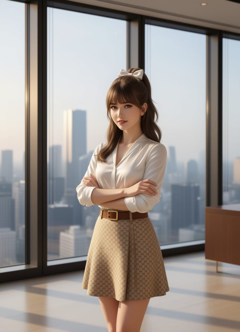 Professional Woman in Designer Skirt Overlooking City