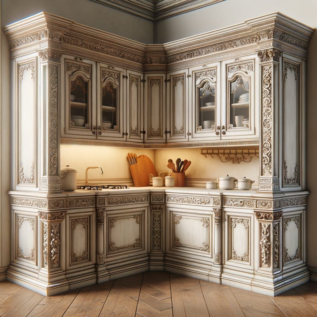 Rustic White Lacquer Kitchen Cabinet with Gold Accents