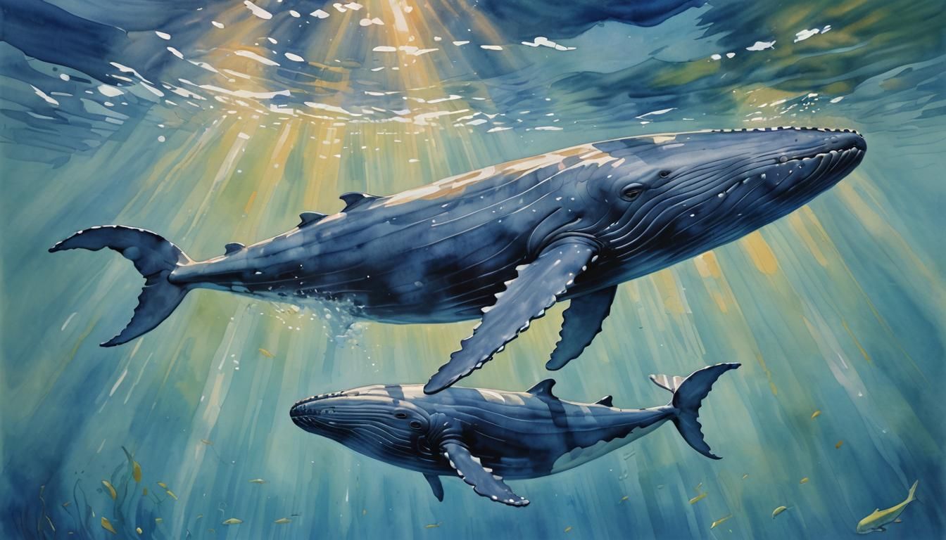 Blue Whale and Calf in Gouache Style