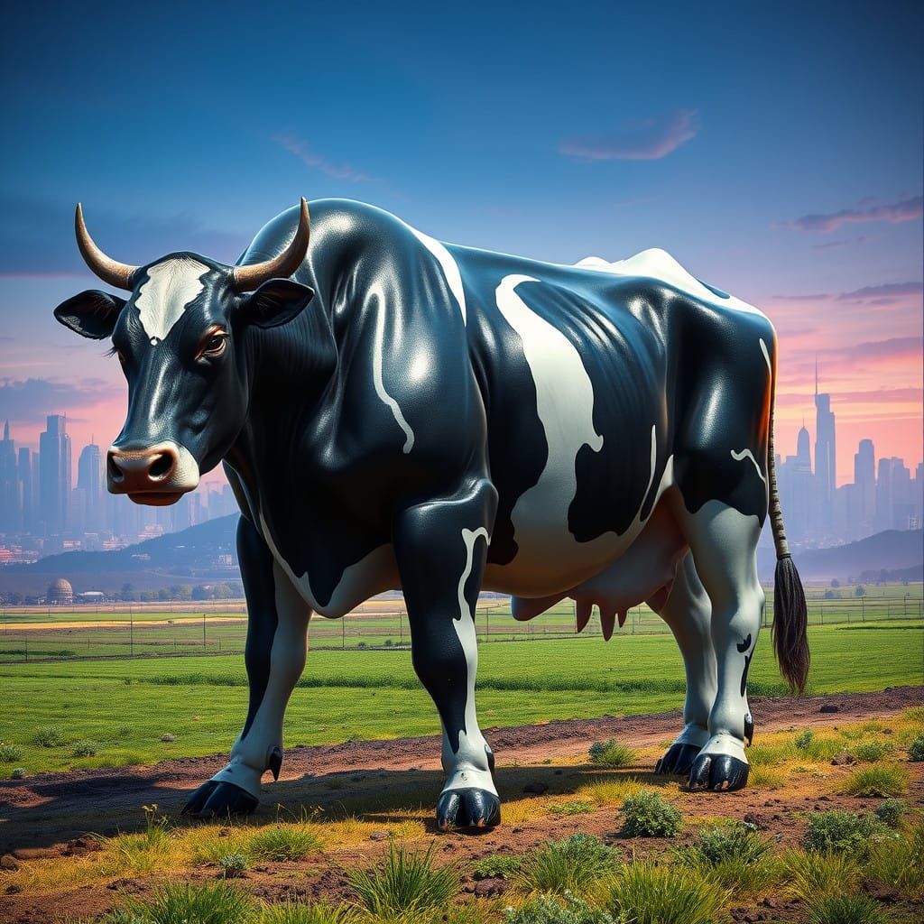 Surreal Futuristic Cow Embodies Superpowers in Modern Metrop...