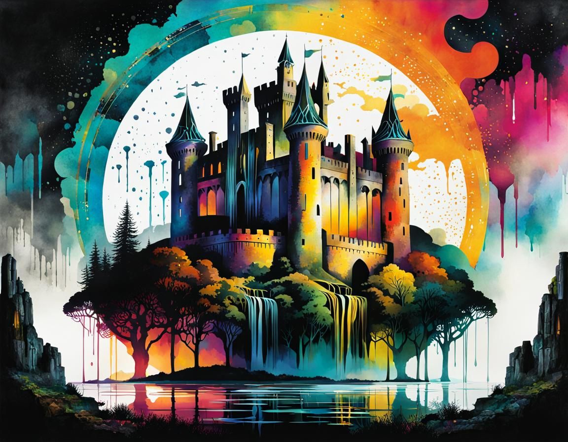 Ancient Futuristic Castle Ruins in Double Exposure Collage A...