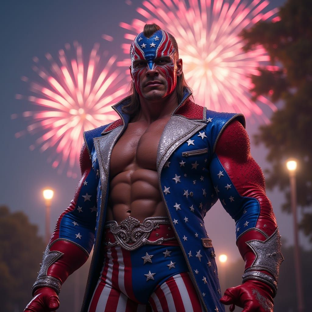 Patriotic Randy Savage with Fireworks, Hyperdetailed Abstrac...