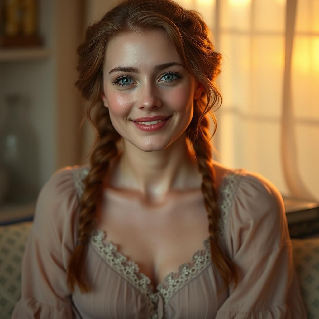 Gently lit, warm portrait. Triss Merigold smiling with flush...