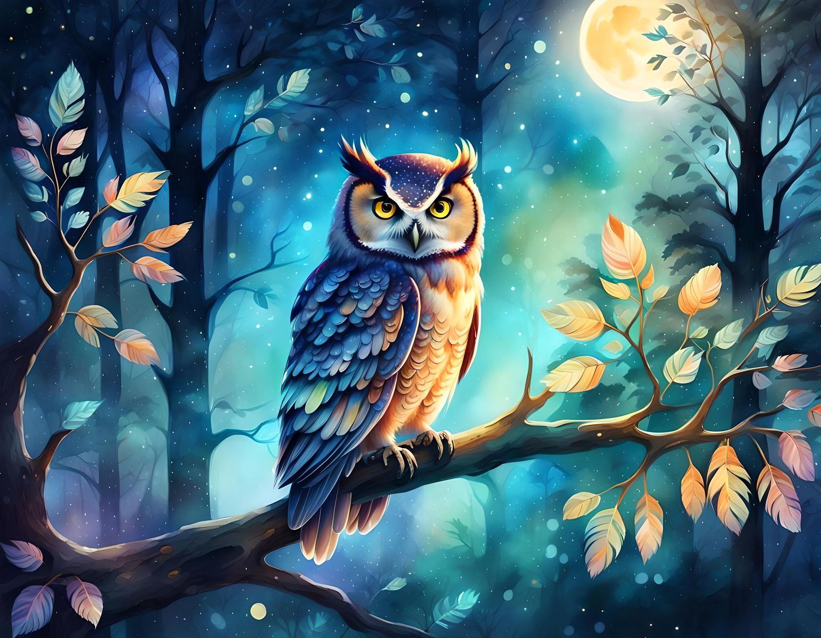 Colorful Fantasy Owl on Branch