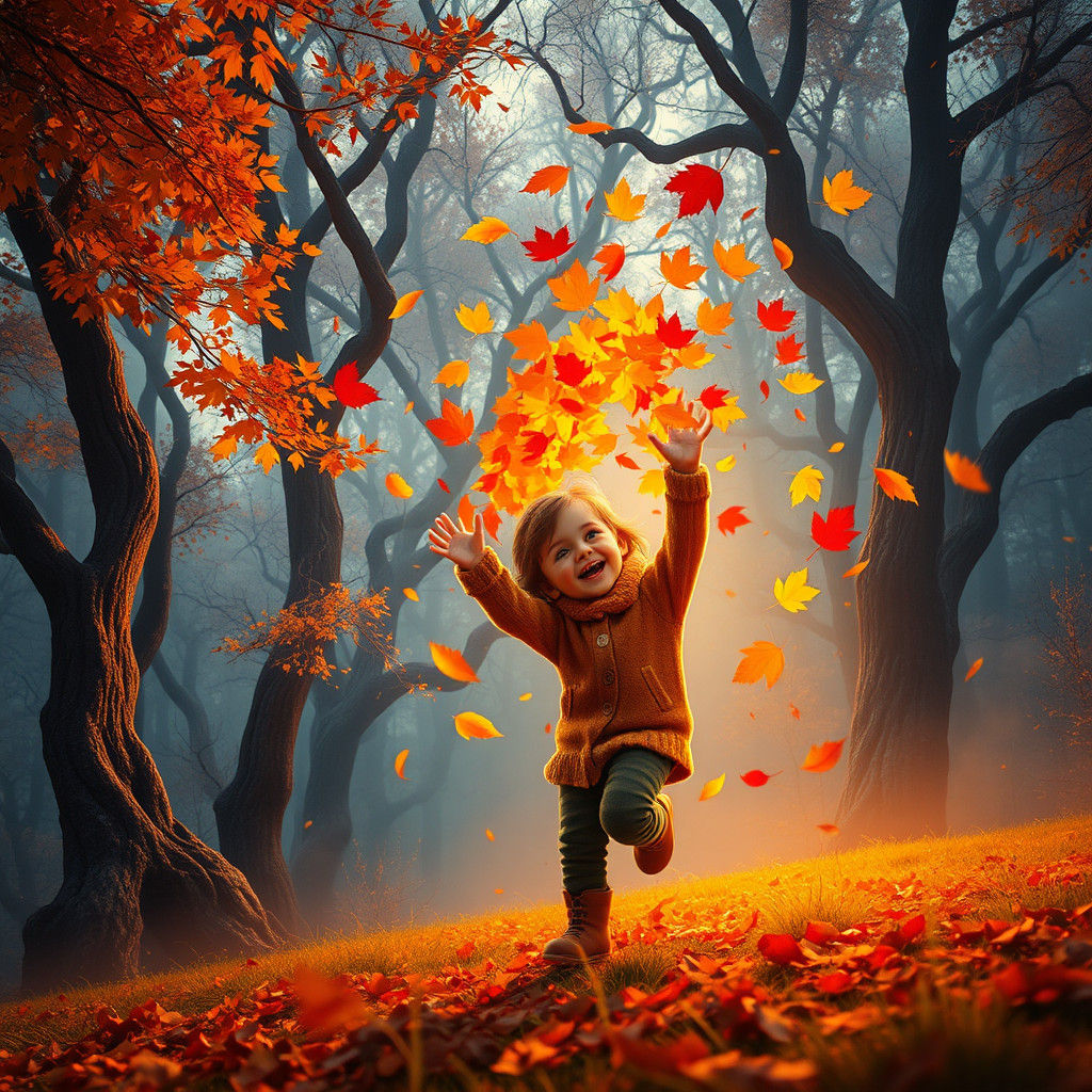 Magical Autumn: Child Kicking Leaves in Enchanted Forest