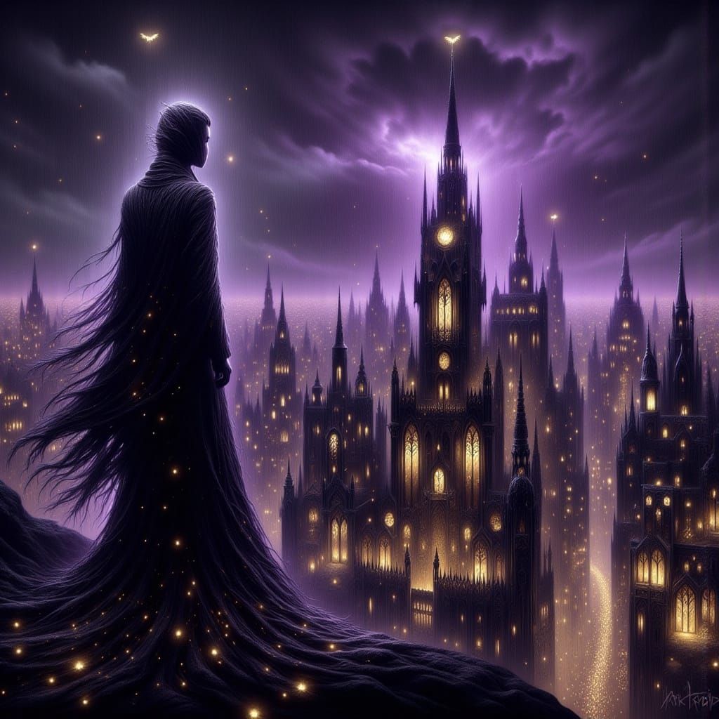 Masked Figure Over Gothic Cityscape in Dark Fantasy Style