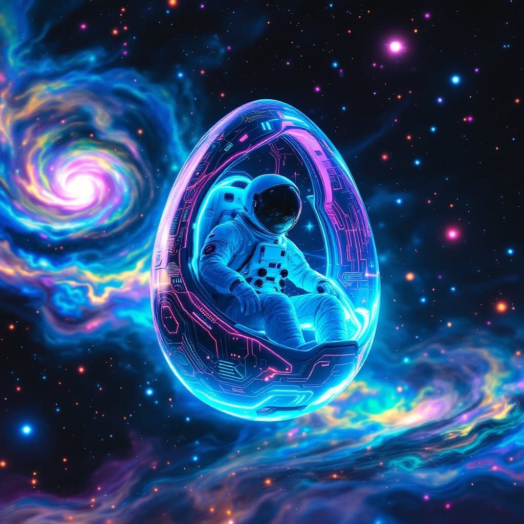 Futuristic Escape Pod Amidst Iridescent Nebula