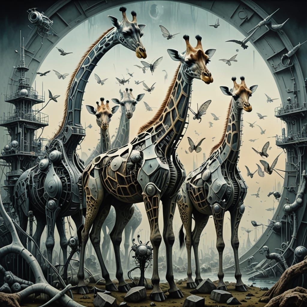 Cyber Giraffes March in Distorted Landscape