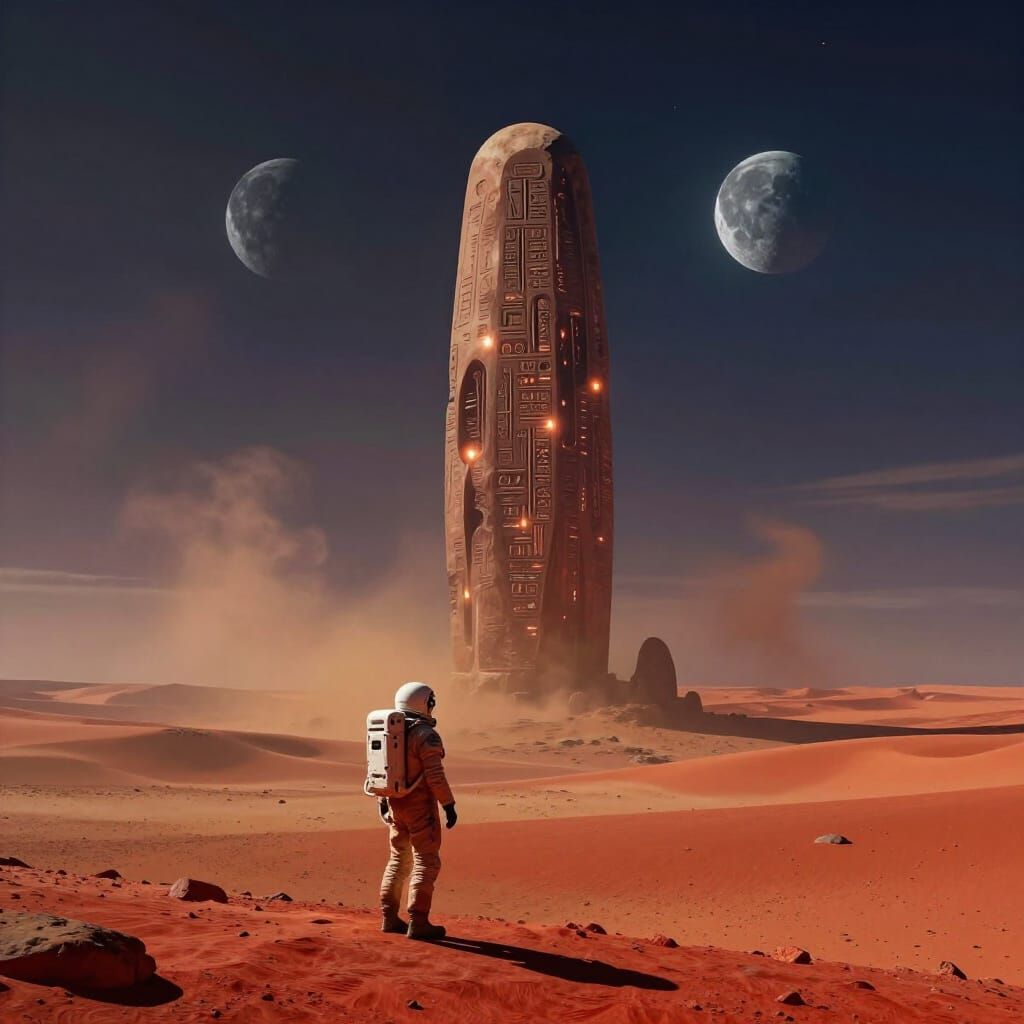 Astronaut on Mars with Alien Monolith