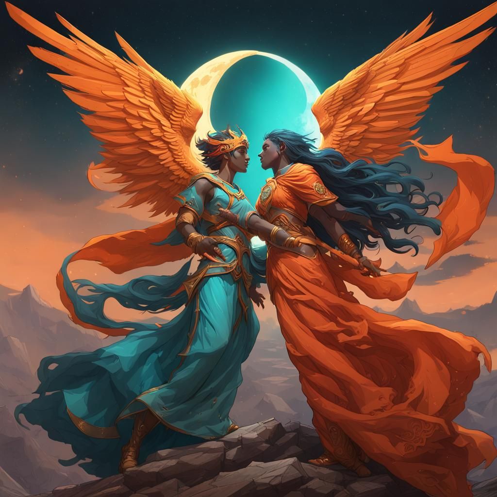 Moon and Demon Friendship in Art Nouveau Style