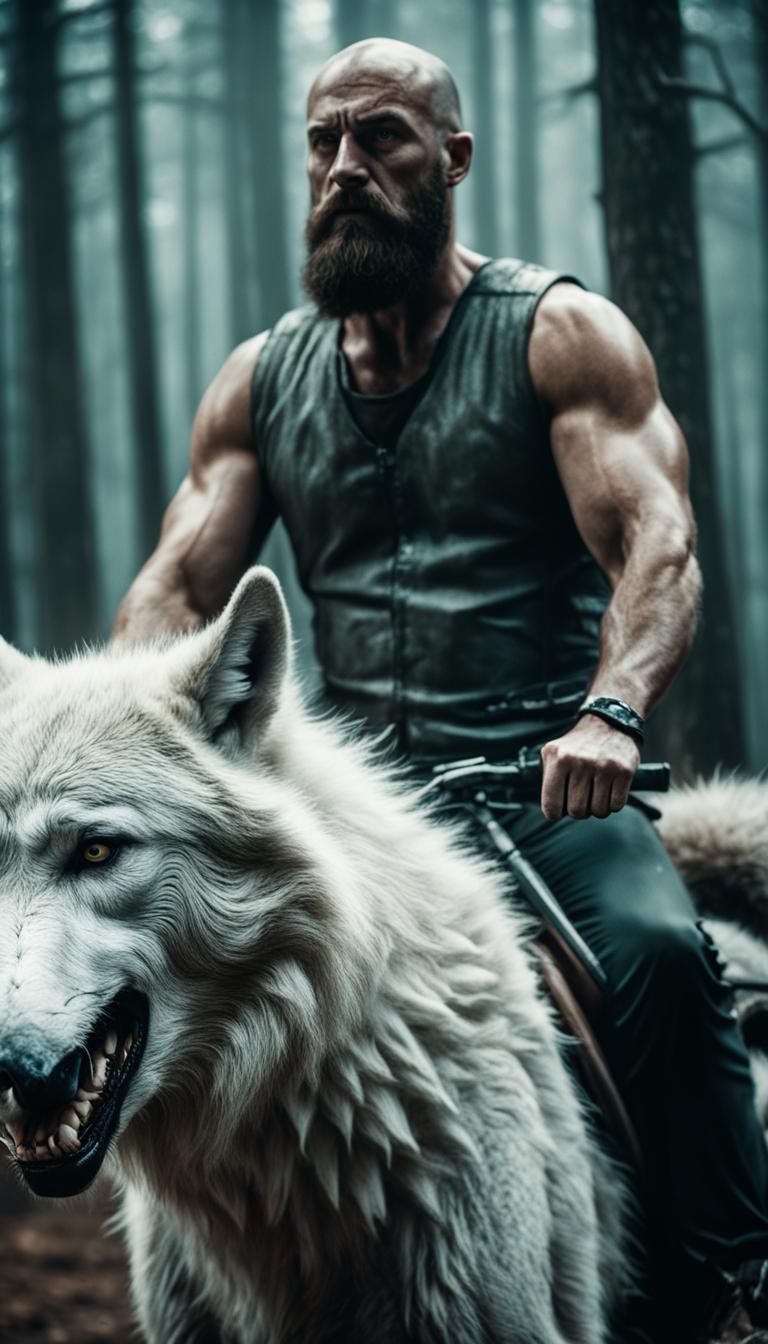 Slavic Man Rides White Wolf: Cinematic Film Still
