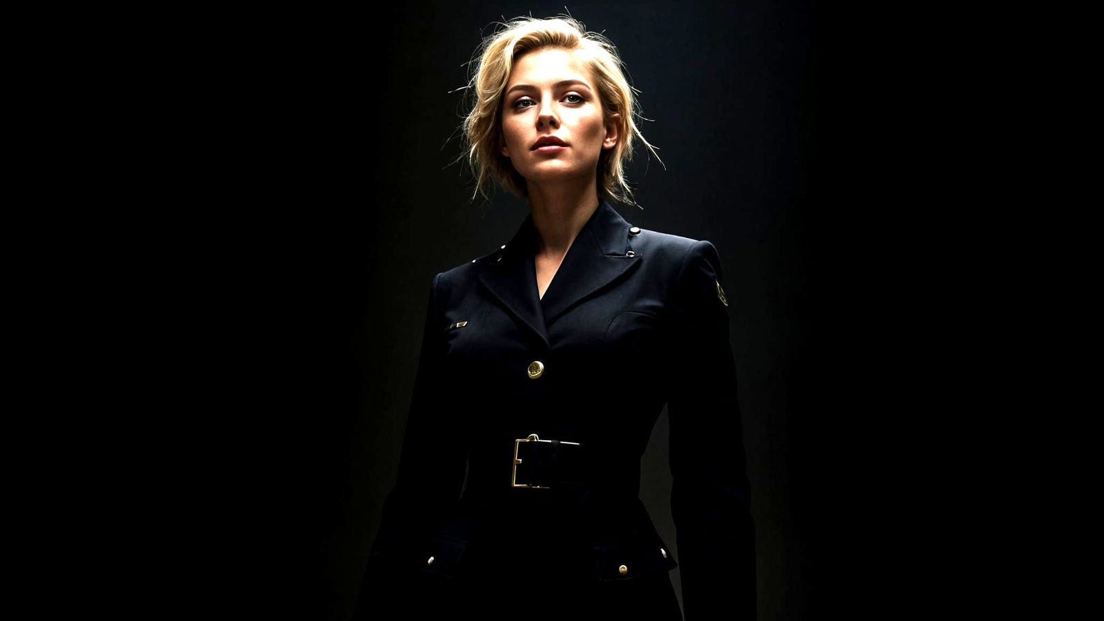 Confident Blonde Woman in Black Military Uniform
